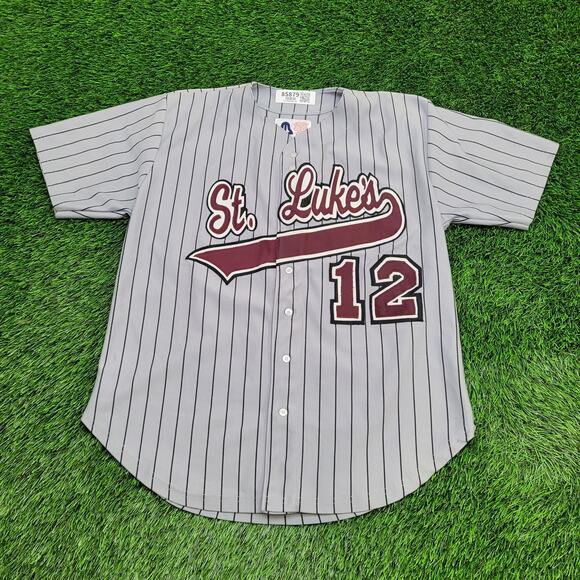 Vintage 80s St-Lukes Baseball Jersey Shirt Large 23x30 Gray Baggy Stripes - Picture 1 of 13